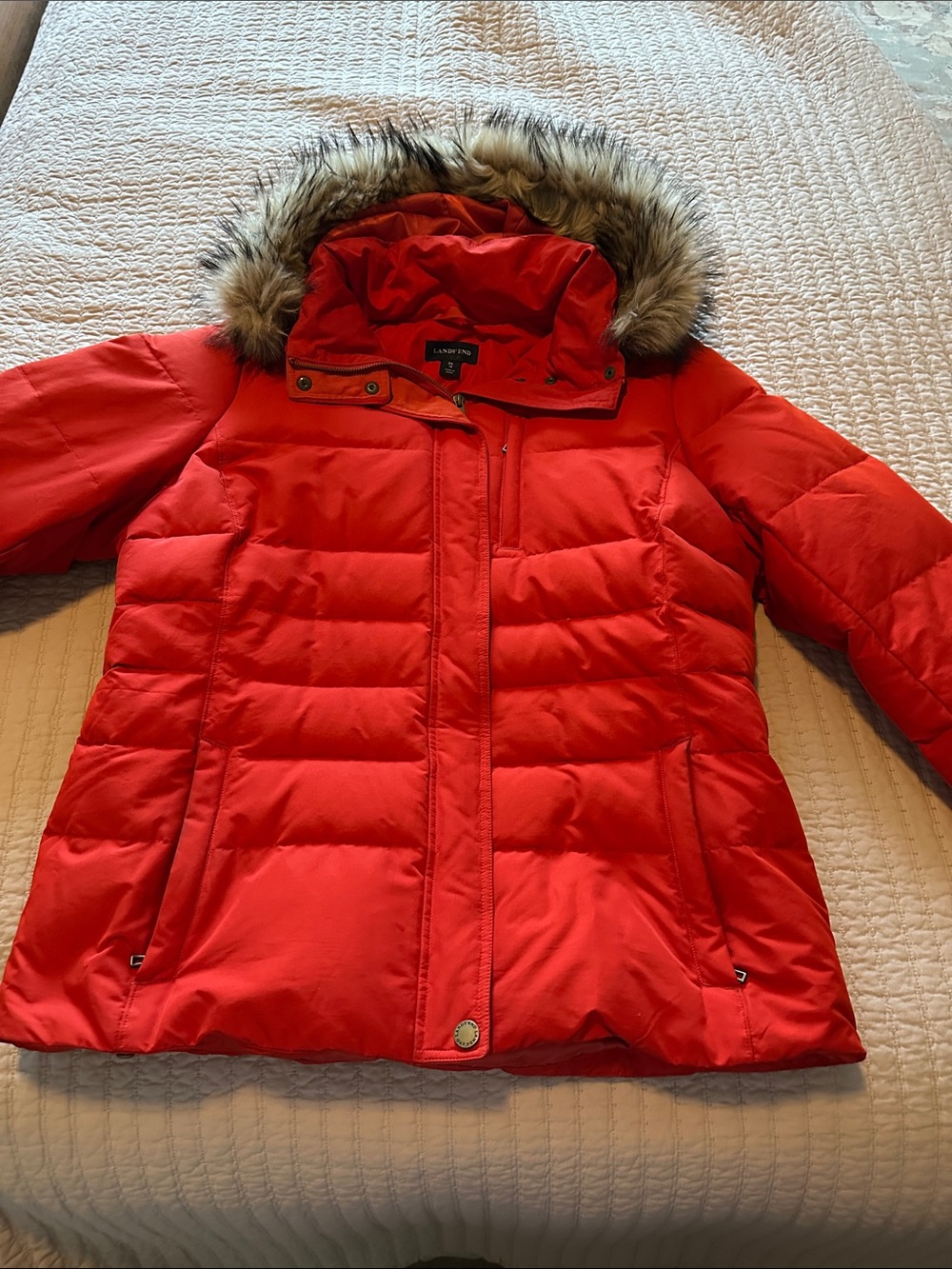 Lands' End Bright Red Hooded Puffer with Faux Fur Trim